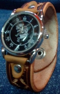 雑貨 Leather Watch Bracelet with ハンドスタンプ柄ブラウン